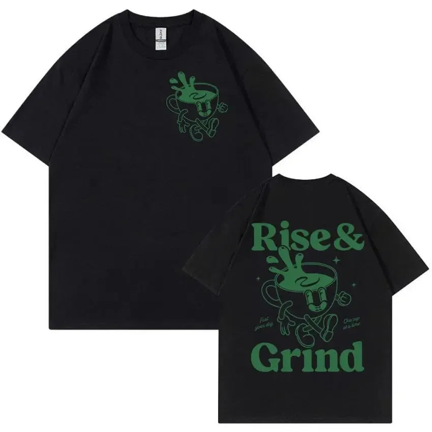 Man's loose-fit linen-blend t-shirt with Rise And Grind green coffee cartoon print