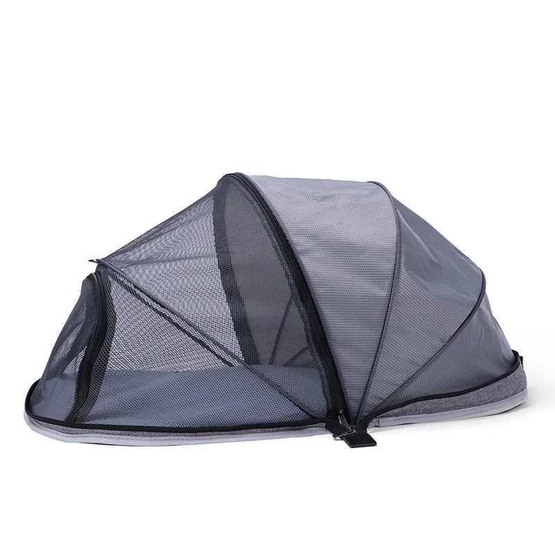 Folding cat travel tent with half mesh panels in blue or black colour options