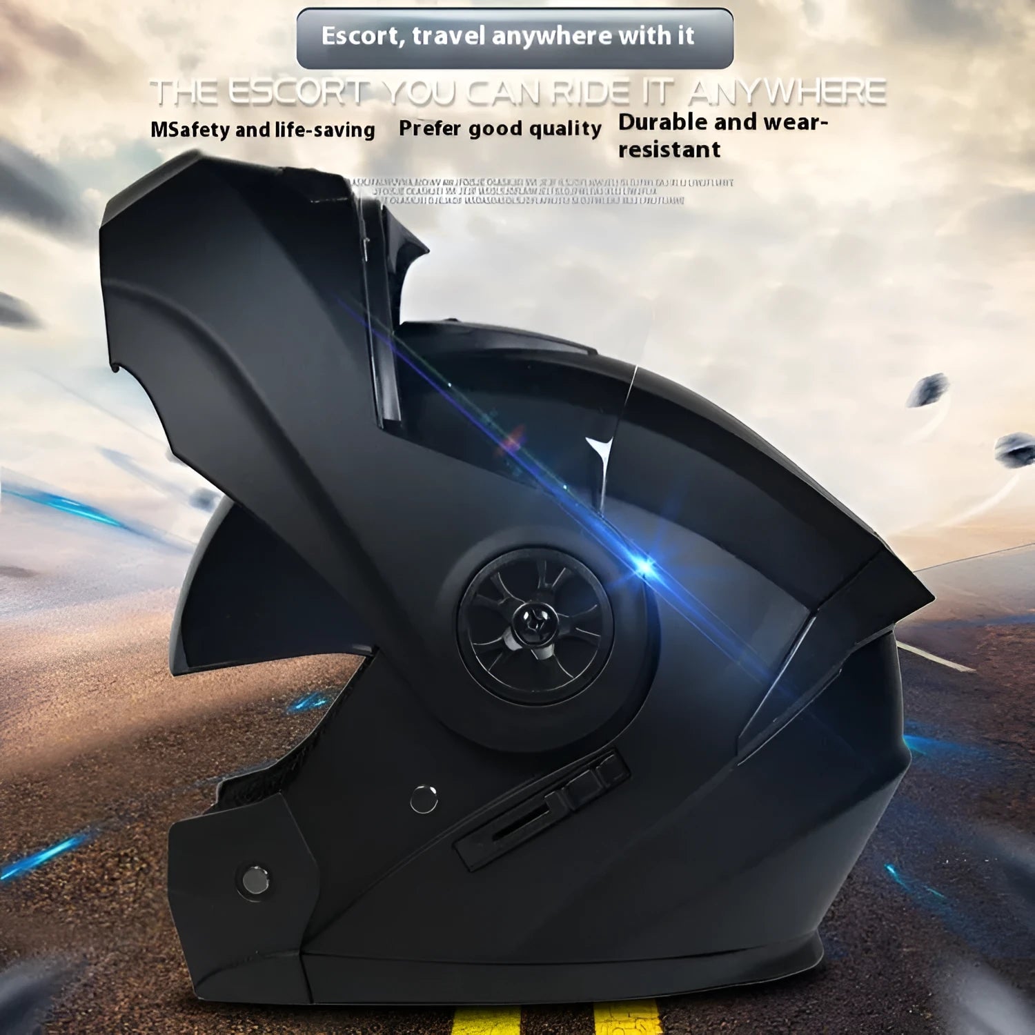 Matte black full face motorcycle helmet with ABS construction showing visor detail