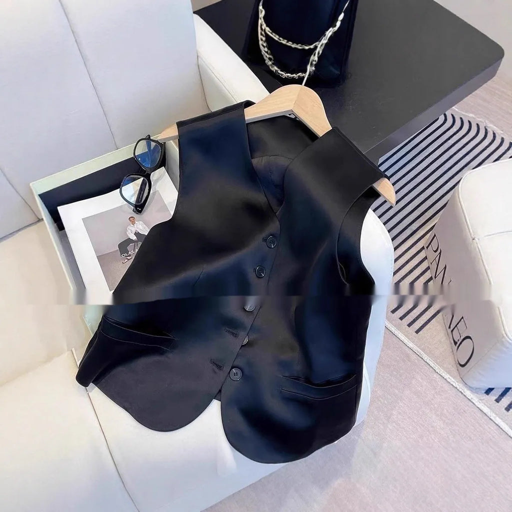 Black satin ladies sleeveless vest with loose fit and normal 50cm length