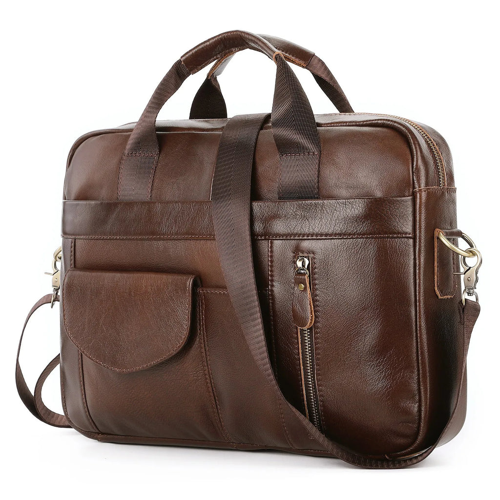 Men's brown cowhide leather cross-body briefcase with zipper front pocket on a neutral background