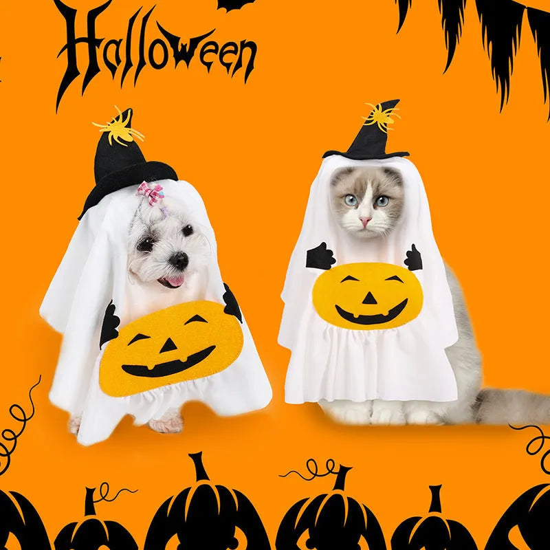 White pumpkin ghost Halloween costume for dogs, shown in viscose fibre material with S, M, L size options.