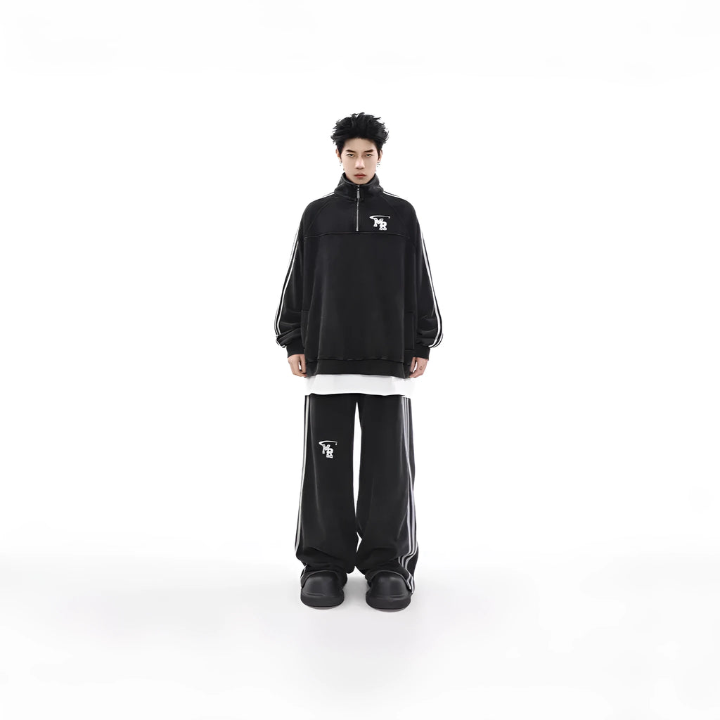 Black men's stand collar casual hoodie with long sleeves on a neutral background.