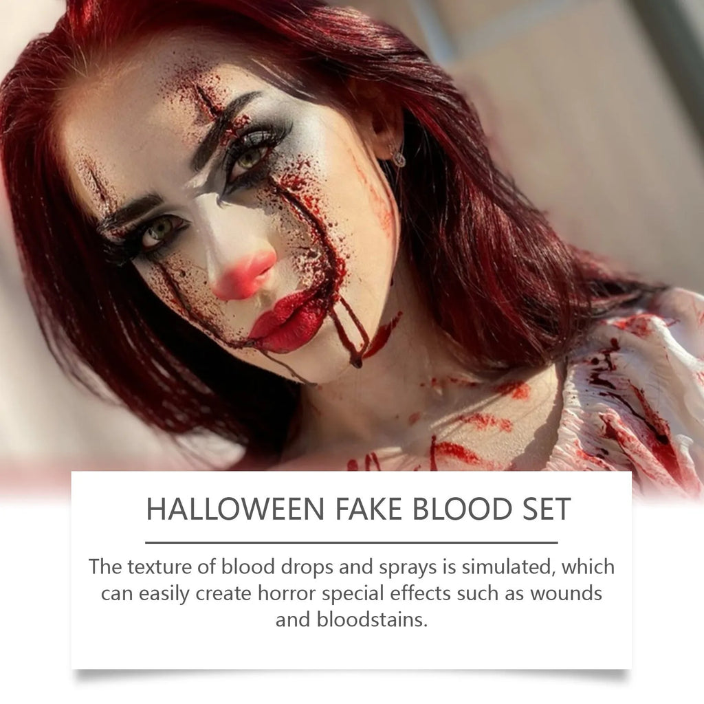 3-piece horror special effects makeup set with fake blood drops, spray, and cleansing soap.