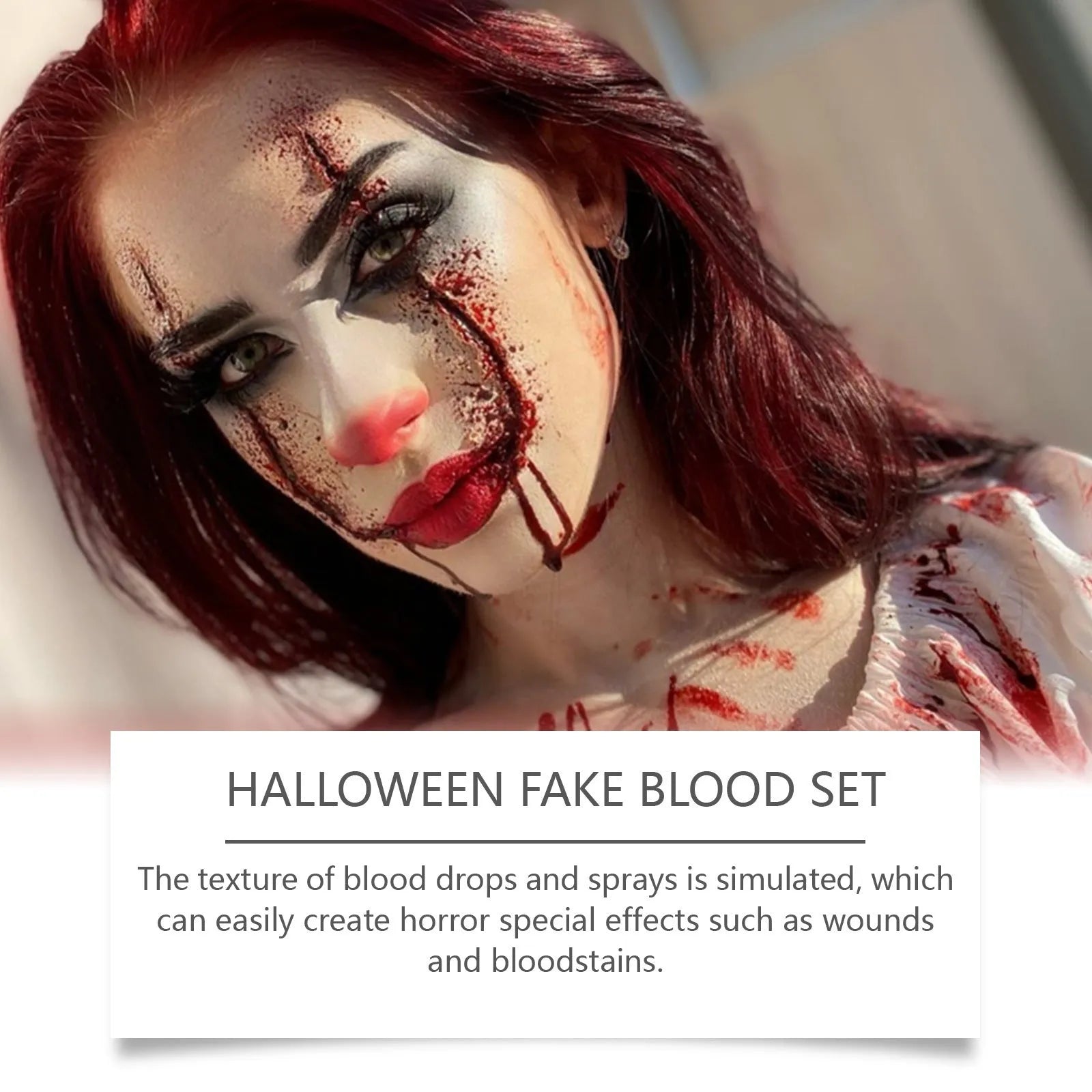 3-piece horror special effects makeup set with fake blood drops, spray, and cleansing soap.