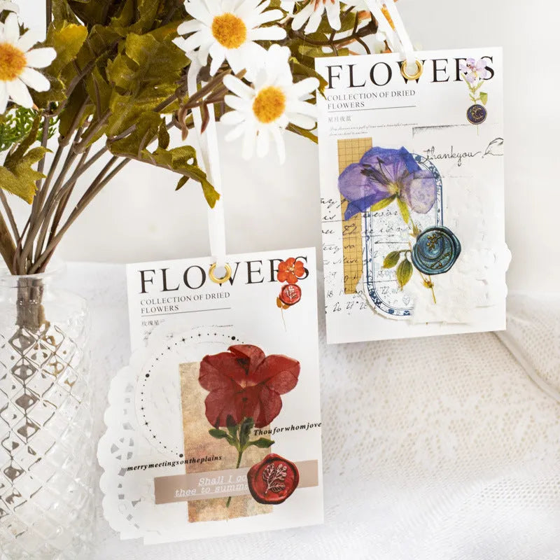 Creative dried flowers journal decoration sticker set with 8 art styles on 40 PET sheets, each measuring 70mm.