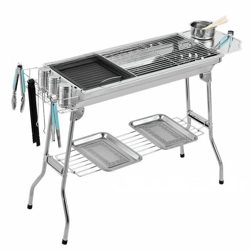 Large stainless steel flip-design charcoal barbecue oven with iron grills and carbon mesh plates
