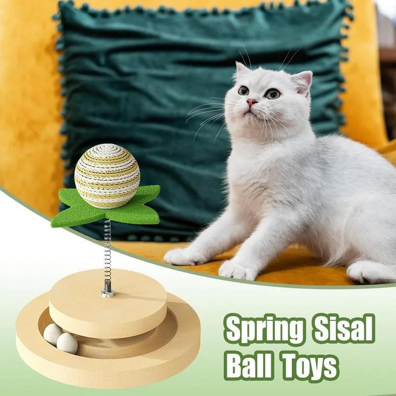 Green sisal cat scratching pad with ball track and two-layer turntable interactive toy