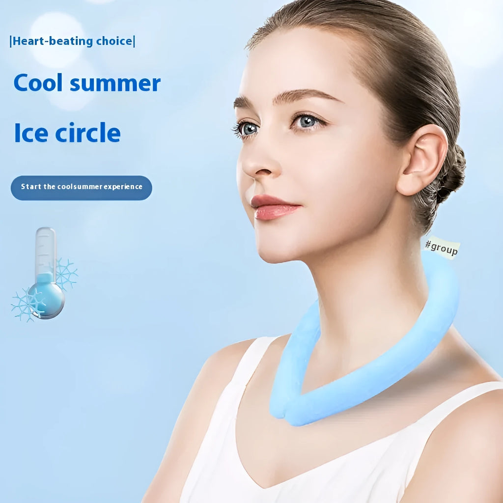 Blue PVC halter-style cooling neck ice ring for outdoor sports.
