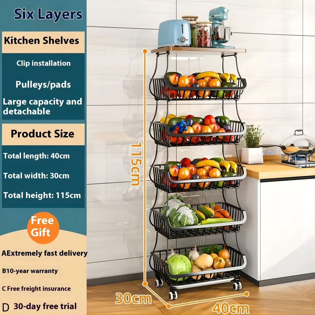 Black six-layer foldable kitchen trolley storage unit with carbon steel frame