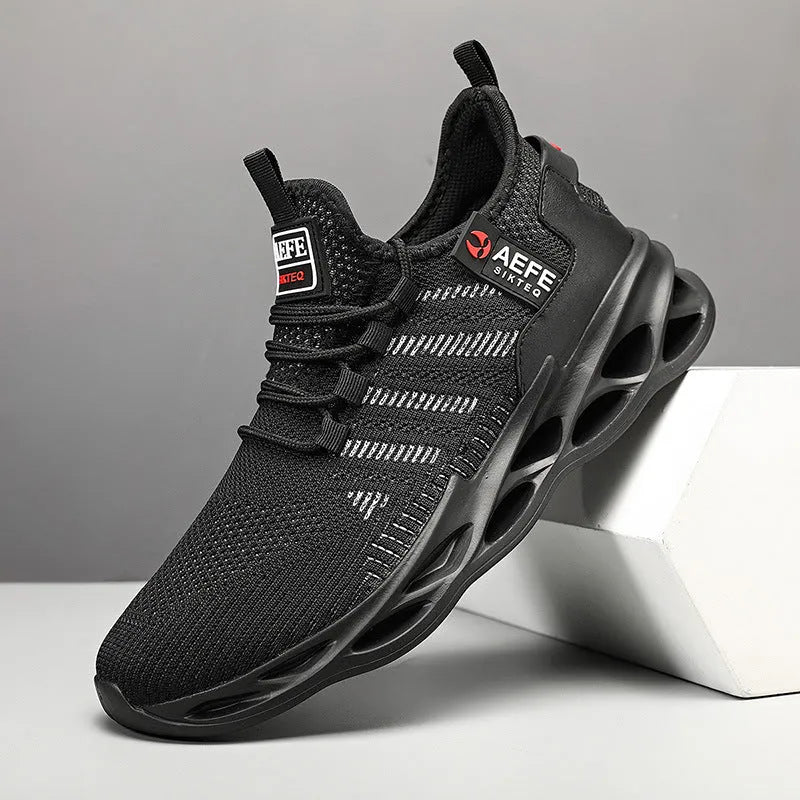 Men's black mesh running shoes with cross strap detail and lace-up front in sizes 40-47
