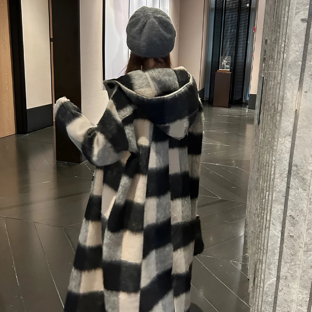 Beige and black plaid mid-length loose fit polyester women's winter woolen coat with lapel collar on a model