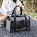 Oxford fabric pet carrier bag for dogs and cats in grey with blue edge measuring 44cm long
