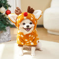 Elk Christmas dog costume with fleece lining on small white dog showing two-leg design and festive pattern
