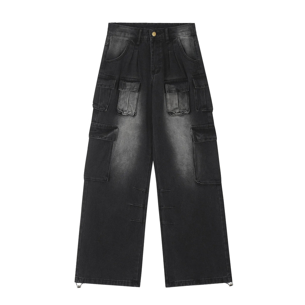 Multi-pocket loose fit distressed jeans in street hipster straight-leg style