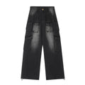 Multi-pocket loose fit distressed jeans in street hipster straight-leg style