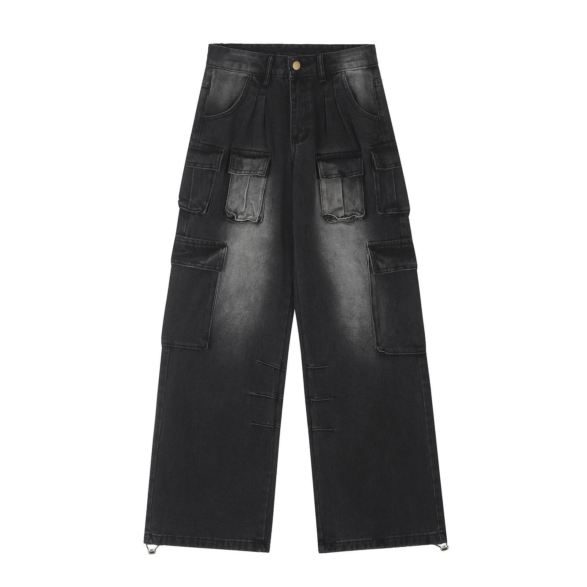 Multi-pocket loose fit distressed jeans in street hipster straight-leg style