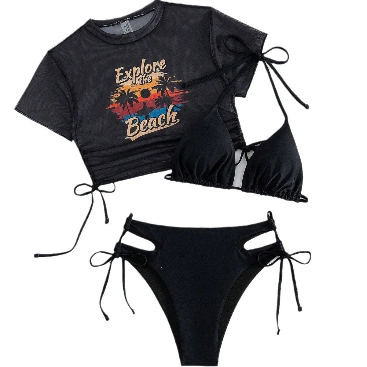 Women's three-piece bikini swimsuit set with short sleeved top in multiple colour options