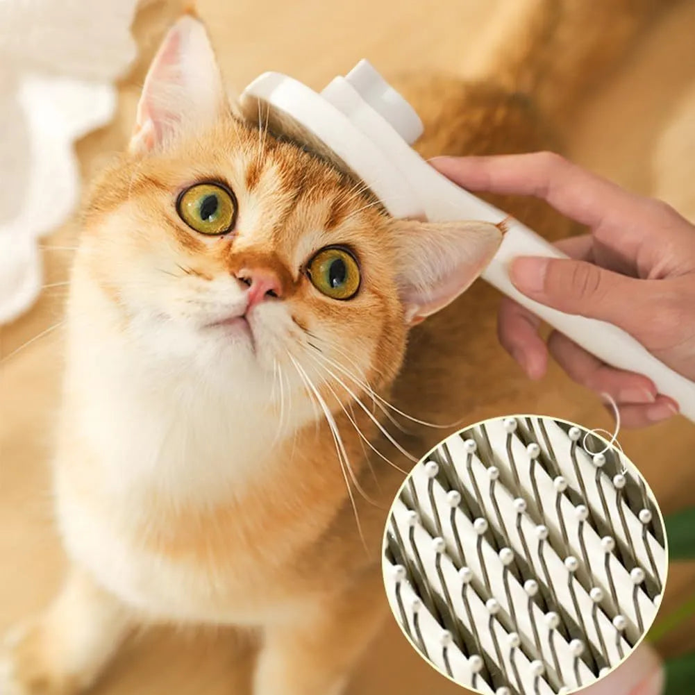 Blue self-cleaning cat and dog grooming brush with rubber-tipped pins and a non-slip rubber handle.