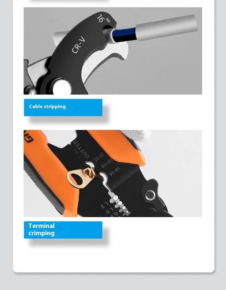 Fully automatic wire stripping pliers tool with high carbon steel blades on a white background.