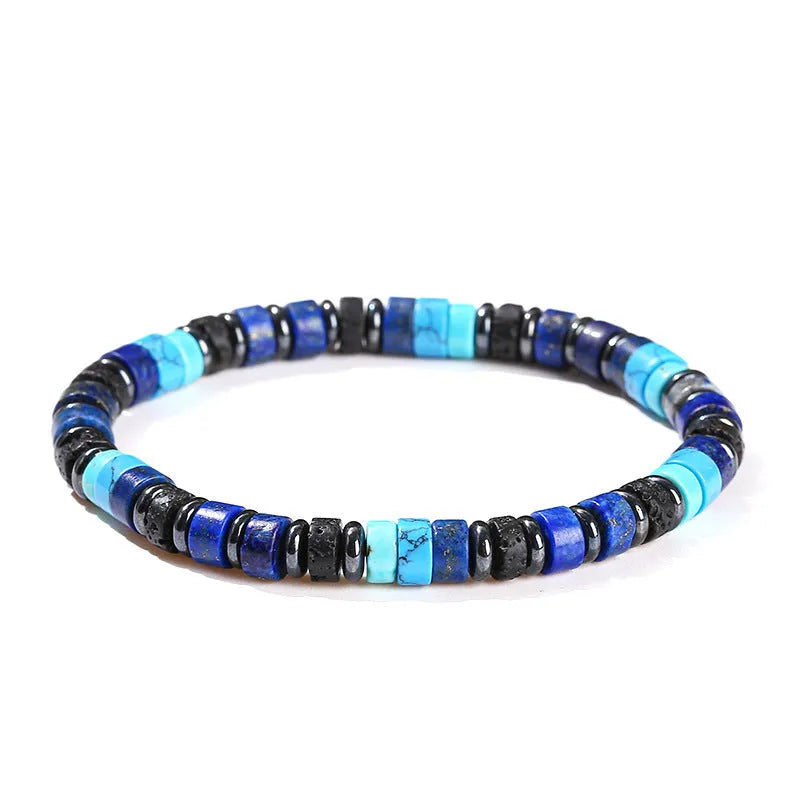 Unisex haematite bracelet with 6mm geometric spacer beads and blue pine lapis lazuli interval stones.
