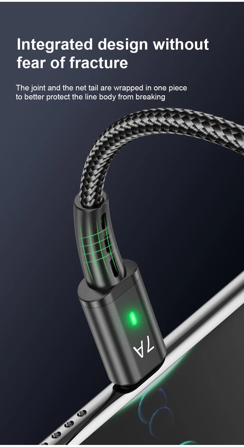 7A Android braided Type-C charging cable with indicator light in black, 1 metre length