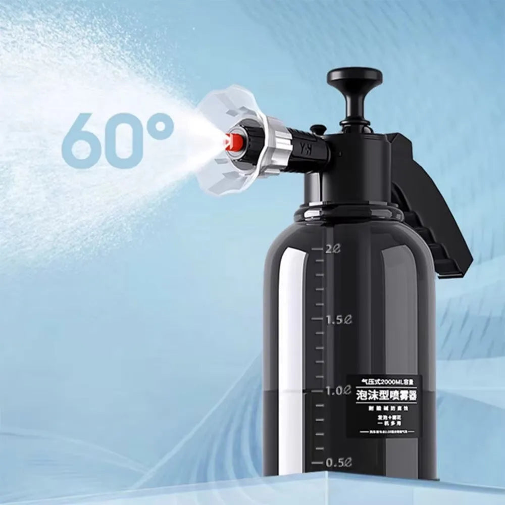 2L black manual car wash foam spray bottle with fan nozzle and watering nozzle on white background