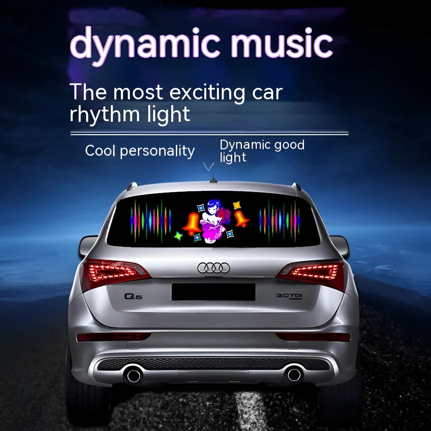 Voice control car rhythm lamp with 90x25 cm electroluminescent panel showing music synchronisation lighting