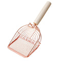 Stainless steel cat litter scoop with a wooden handle for cleaning the litter box.