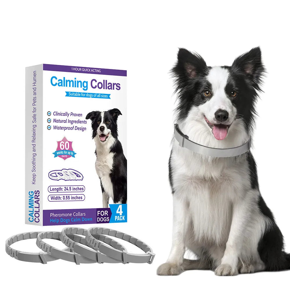 Pack of four monochrome patterned dog anxiety collars in assorted colours, made from TPR material.
