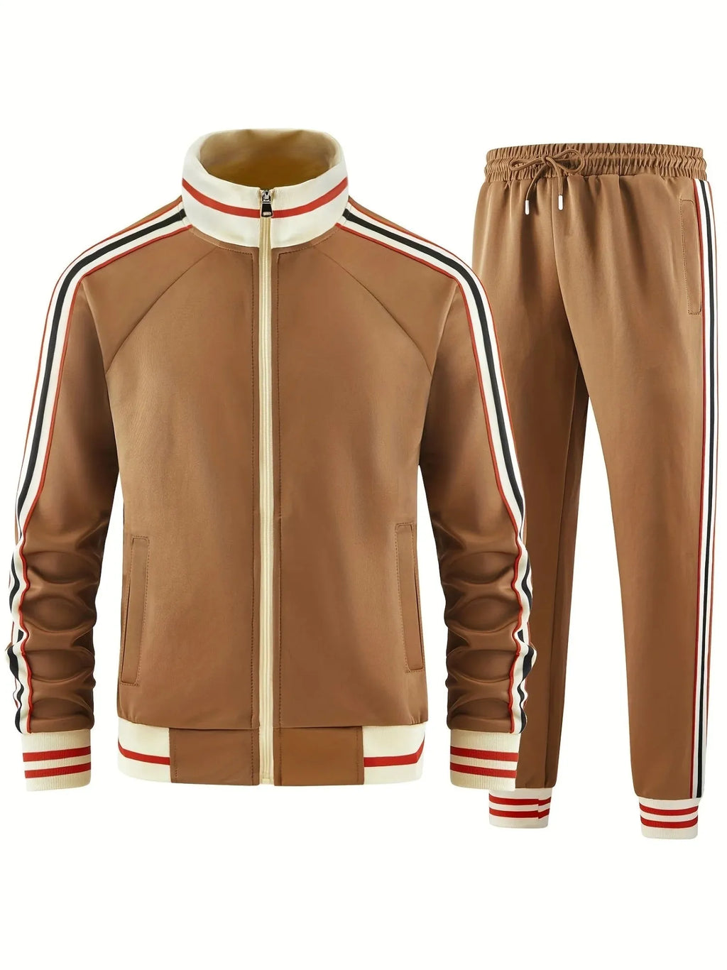 A khaki-coloured casual two-piece suit featuring a turtleneck zipper cardigan and matching trousers.