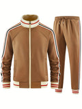 A khaki-coloured casual two-piece suit featuring a turtleneck zipper cardigan and matching trousers.