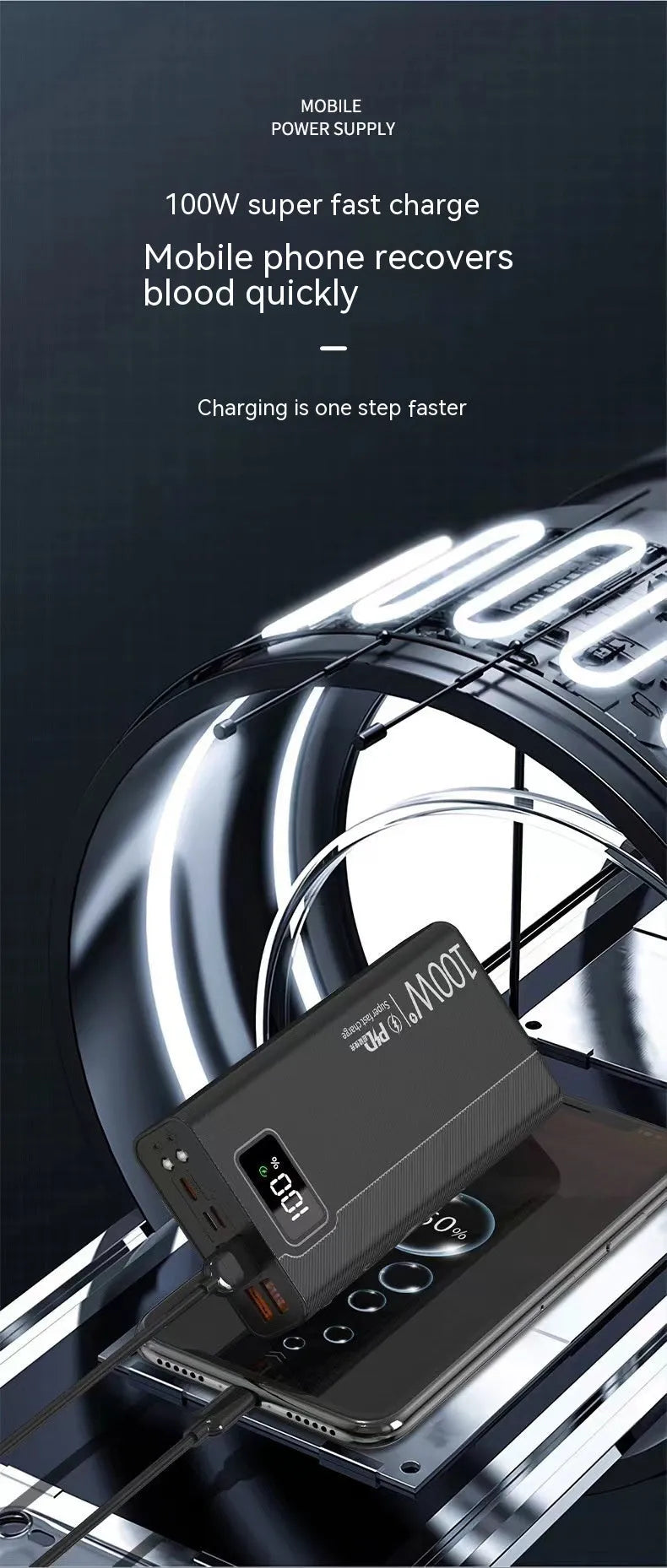 Large capacity black and white power bank with fast charging support showing size scale.