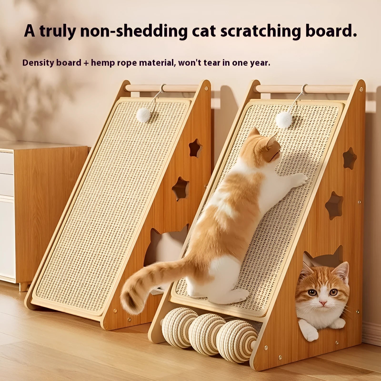 Vertical wall-mounted cat scratch board with sisal surface and a hemp rope ball toy.