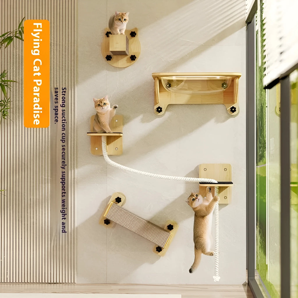 Wall-mounted cat scratching post with sisal-wrapped cat head design and dangling sucker lanyards.