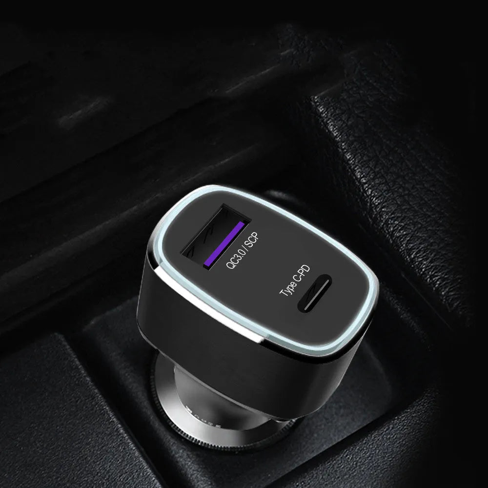 Dual USB Type C car charger with black or grey housing for cigarette lighter fast charging