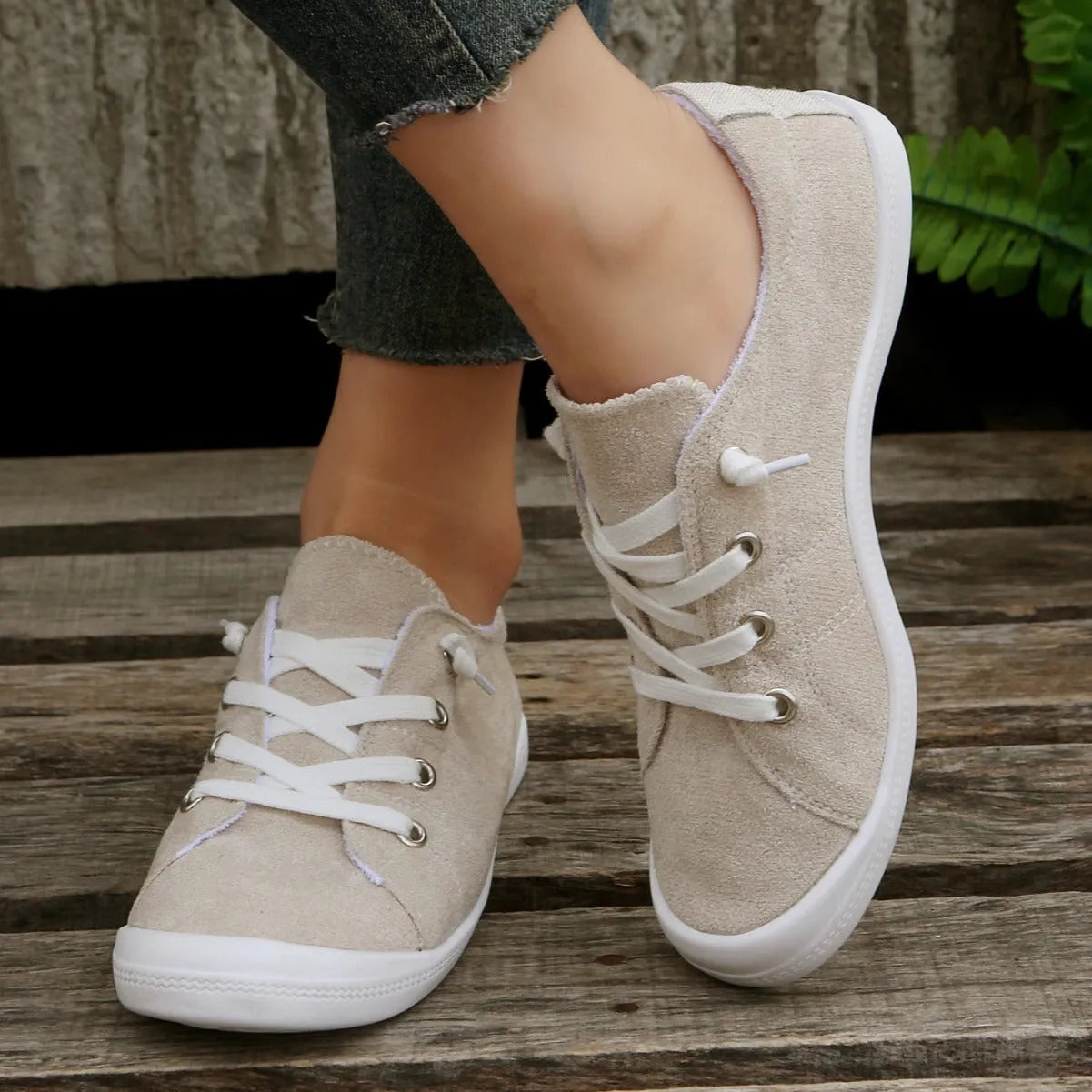 Women's creamy white low-top fabric casual sneakers with rubber sole