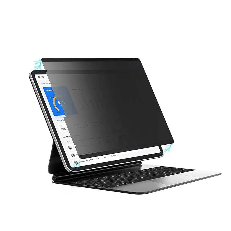 Magnetic anti peeping film for iPad with paper-like texture and a 360-degree storage clip on colour card packaging.