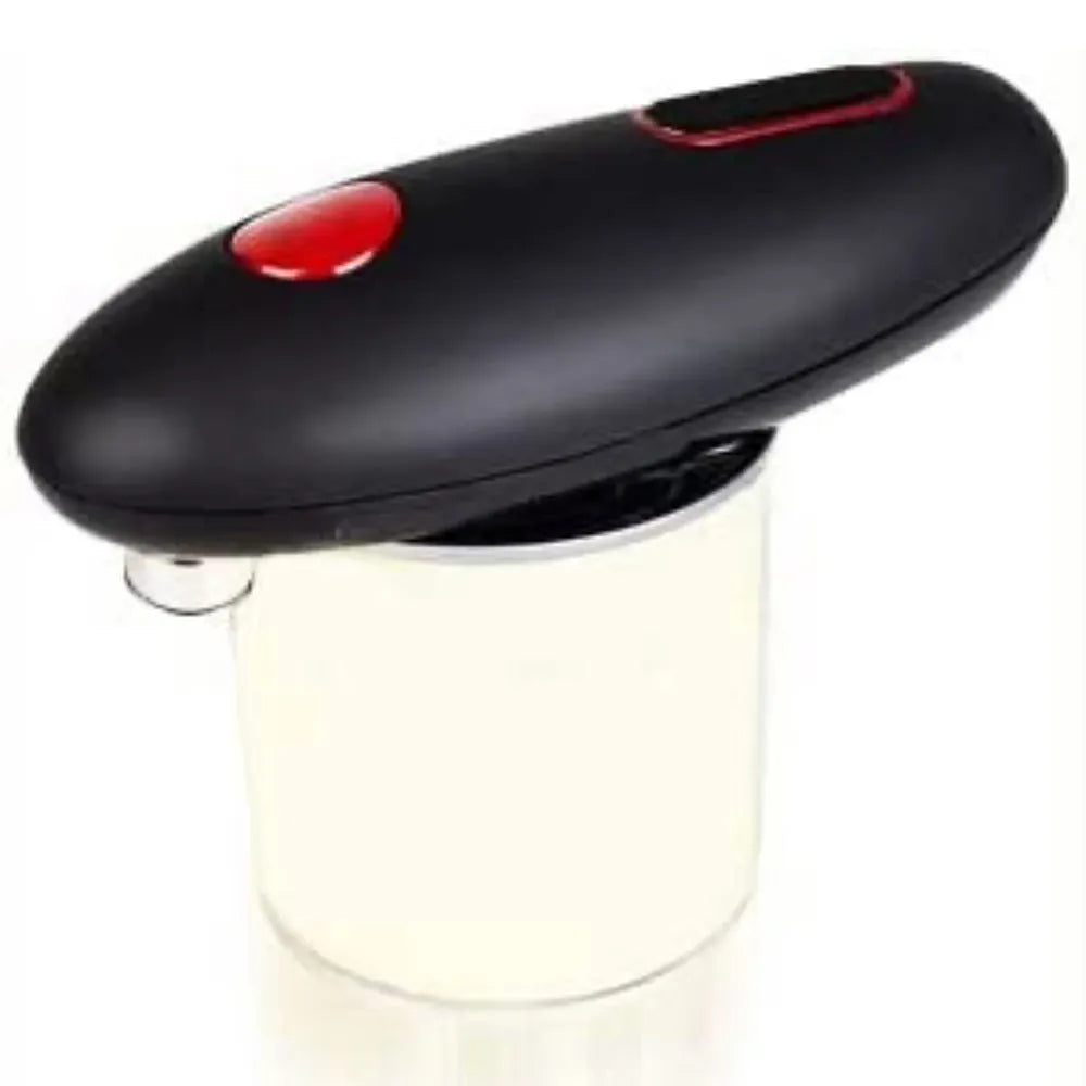 Black plastic electric can opener for one-touch opening of cans, jars, and bottles.