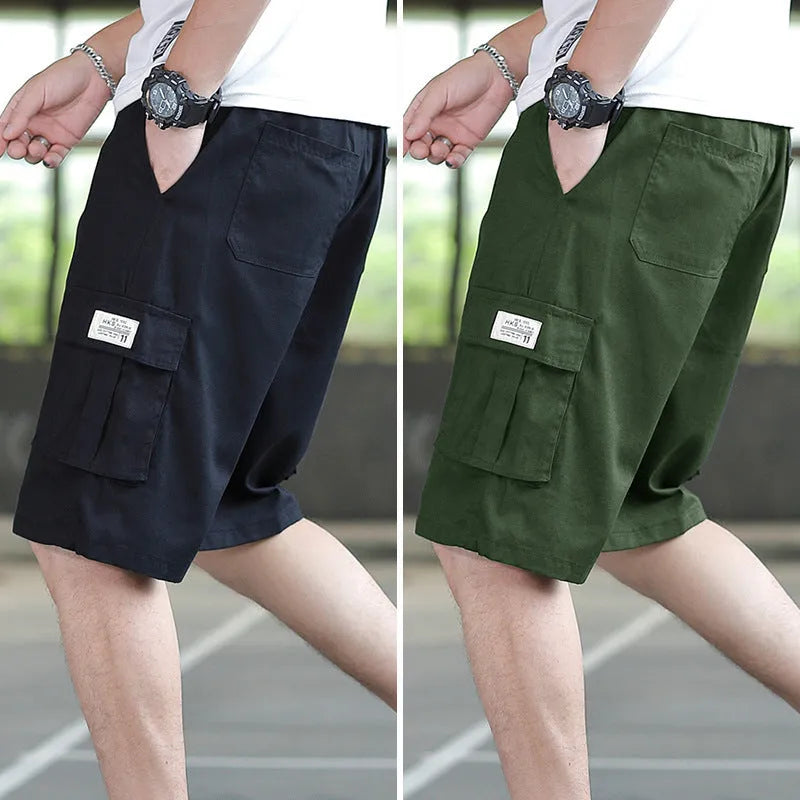 Men's loose Korean-style trousers in black, khaki, army green, and camouflage colours.