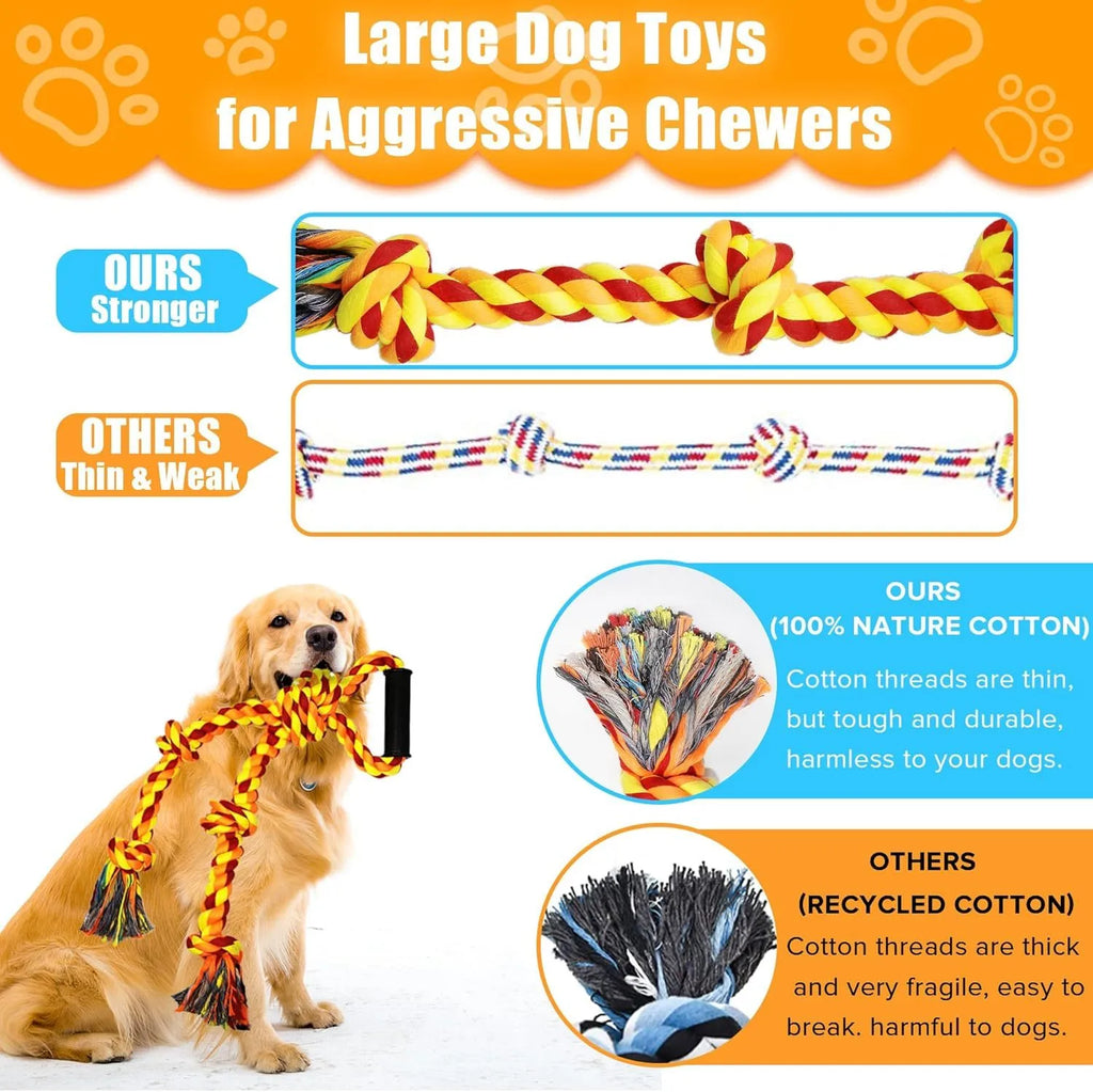 Blue and yellow cotton rope tug toy for large dogs with a non-slip handle.