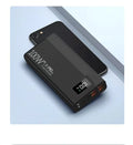 Large capacity black and white power bank with fast charging support showing size scale.