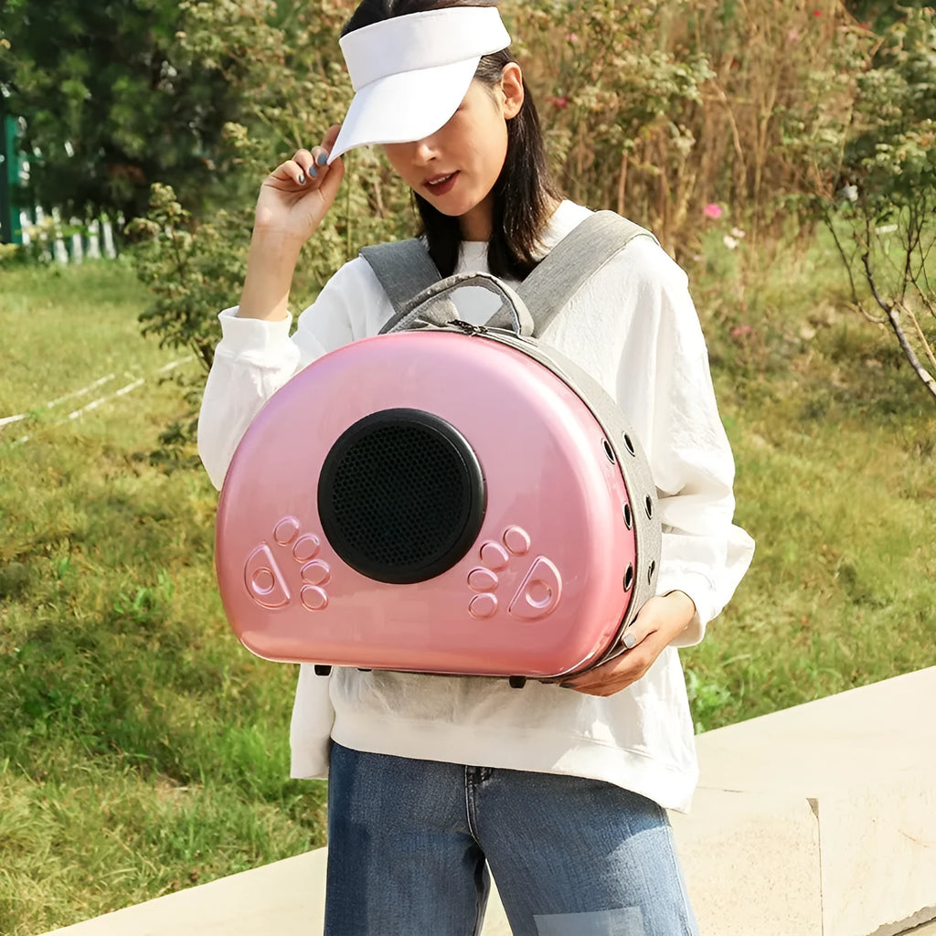 Transparent cat carrier bag in metallic colour with space capsule design for pet transport