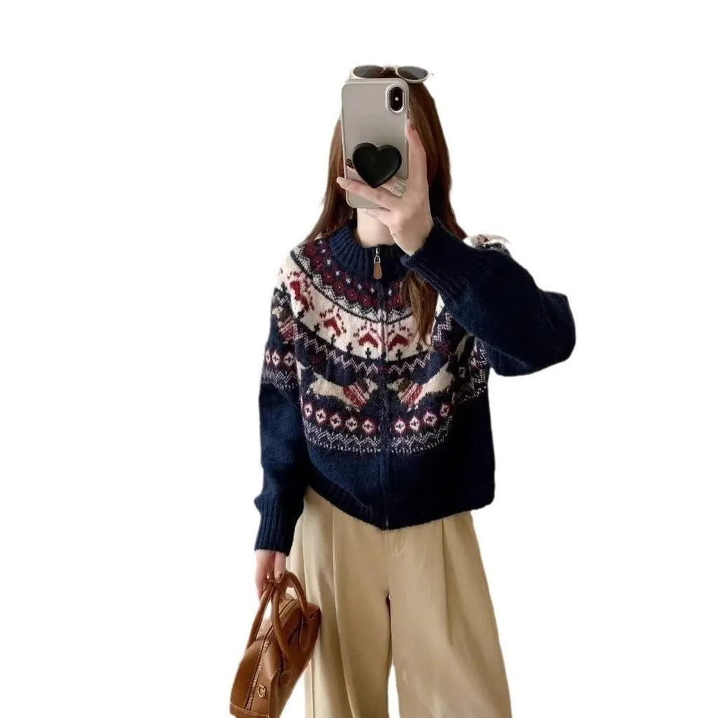 Beige apricot ethnic style jacquard pullover sweater with a 3D pattern and loose fit.