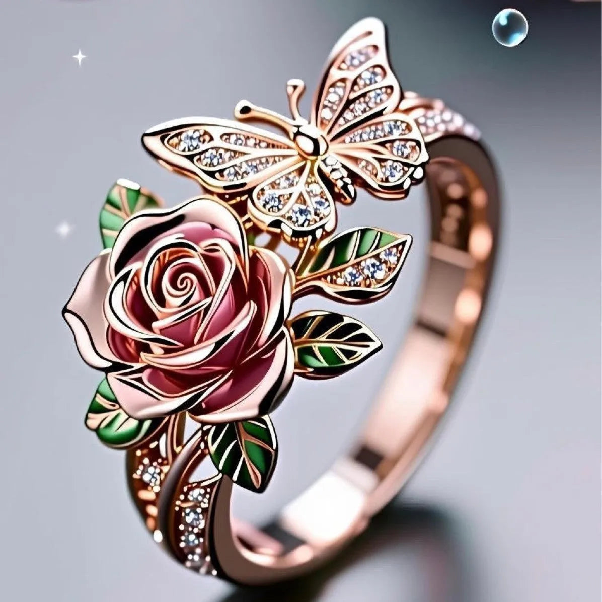 Adjustable butterfly personality ring with colourful oil drip treatment showing floral and insect design