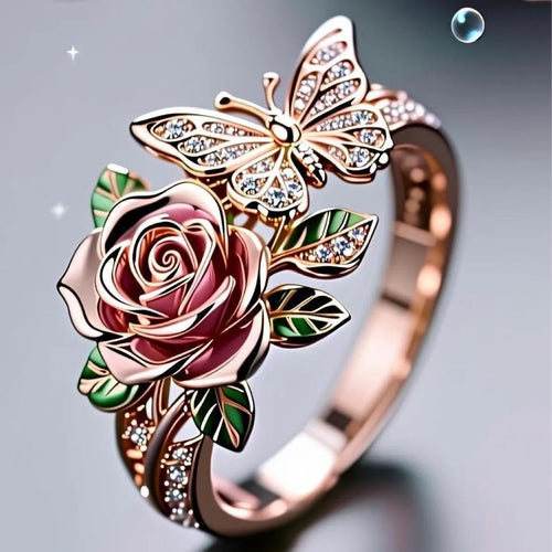Adjustable butterfly personality ring with colourful oil drip treatment showing floral and insect design