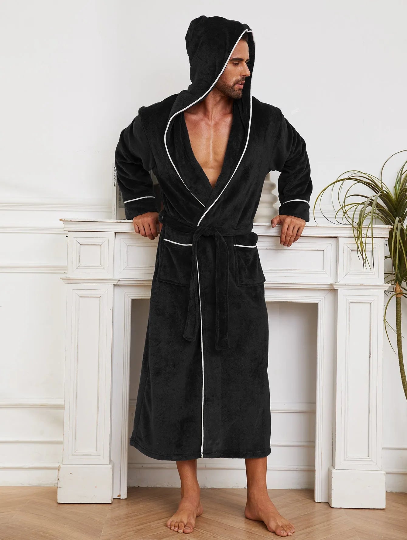 Men's long light grey flannel bathrobe with a European style fit, shown hanging.