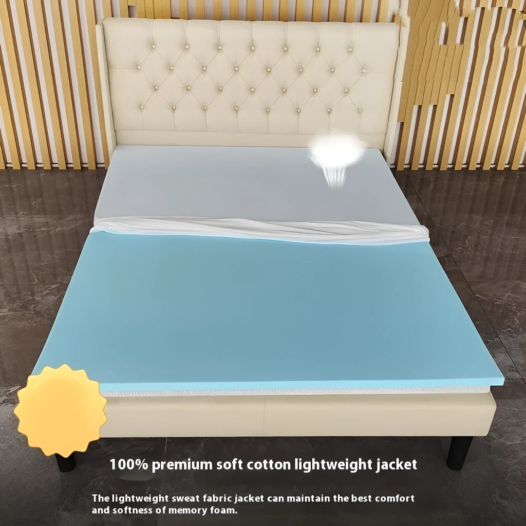 Thin gel memory foam tatami mattress in three thickness options on a platform bed.