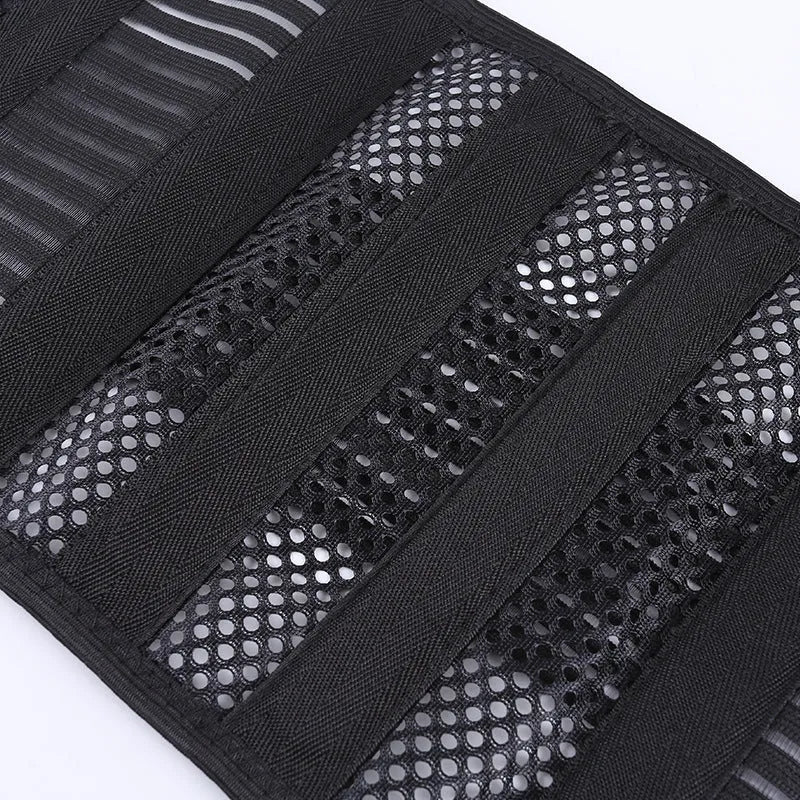 Black breathable sports waist support belt with internal steel plate for lumbar protection during fitness.
