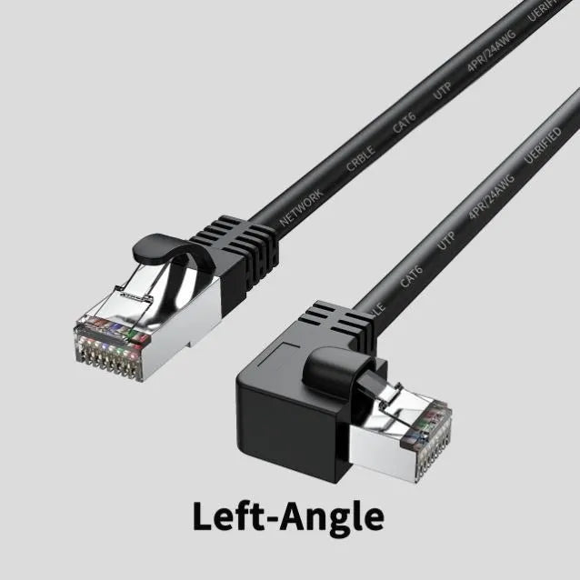 Black Cat6 Ethernet cable with right-angle metal RJ45 connector showing different orientation options